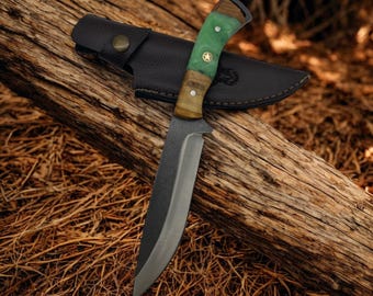 Custom Hunting Knife: German Steel, Resin & Antler Handle, Collectible Knife with Sheath