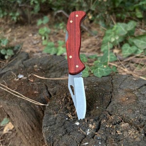 May include: A folding pocket knife with a reddish-brown wooden handle and a silver blade. The handle is secured with brass rivets. The knife is open, revealing the sharp blade. The knife is resting on a tree stump.