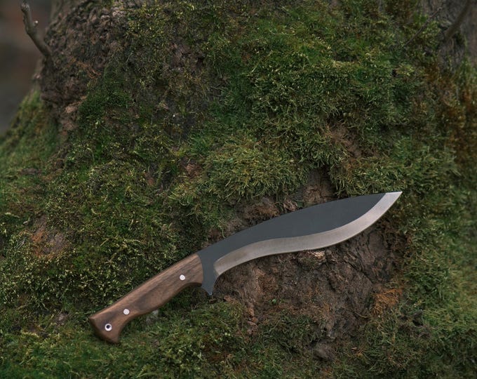 13'' Custom Machete Kukri Knife and Leather Sheath, Unique Engraved Outdoor Knife with Walnut Handle, Bushcraft Gear,Everyday Carry Knife