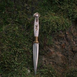 May include: A silver dagger with a white antler handle and brass accents. The dagger is resting on a bed of green moss.