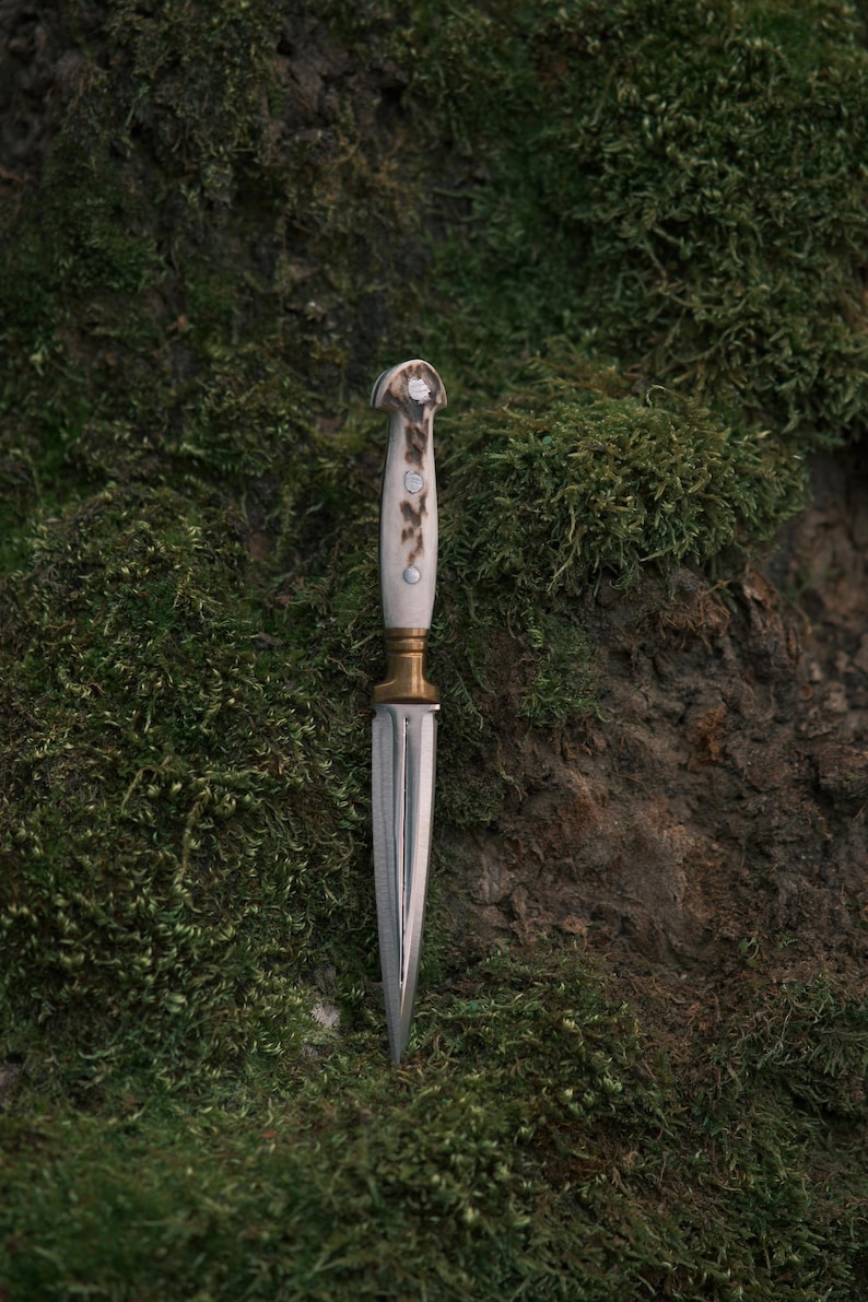 May include: A silver dagger with a white antler handle and brass accents. The dagger is resting on a bed of green moss.
