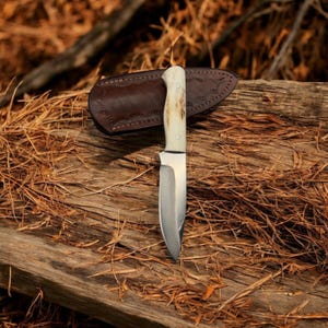 Handforged Mini Belt Knife: Deer Antler Handle, Leather Sheath