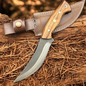 Unique Curved Hunting Knife with Solid Wood Handle, Razor-Sharp German Steel Blade, Handmade Survival Knife for Outdoor & Tactical Use