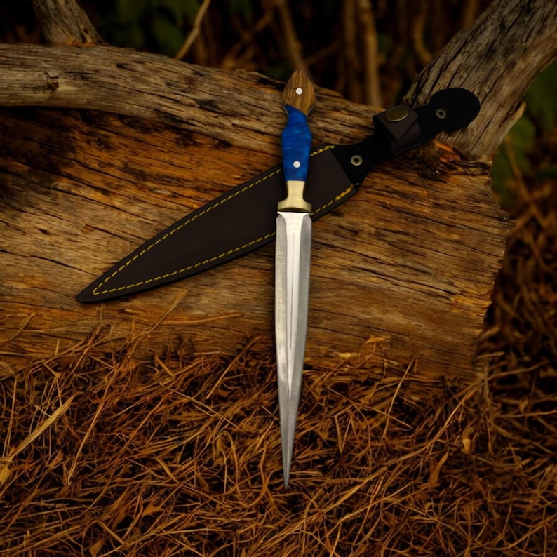 May include: A silver dagger with a blue and wood handle and a leather sheath. The dagger is resting on a wooden log with brown grass in the background.