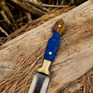 May include: A blue and brown handled knife with a brass guard and a silver blade. The knife is resting on a piece of wood.