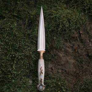 May include: A silver dagger with a white antler handle and gold accents. The dagger is resting on a bed of green moss.