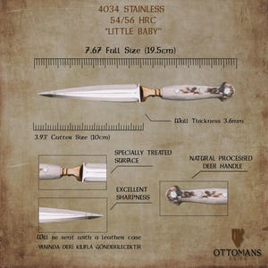 May include: A 7.67-inch (19.5 cm) stainless steel knife with a natural deer handle. The blade is 3.93 inches (10 cm) long and has a wall thickness of 3.6 mm. The knife has a 54/56 HRC rating and is labelled "Little Baby". The knife is described as having an excellent sharpness and a specially treated surface. The knife will be sent with a leather case.