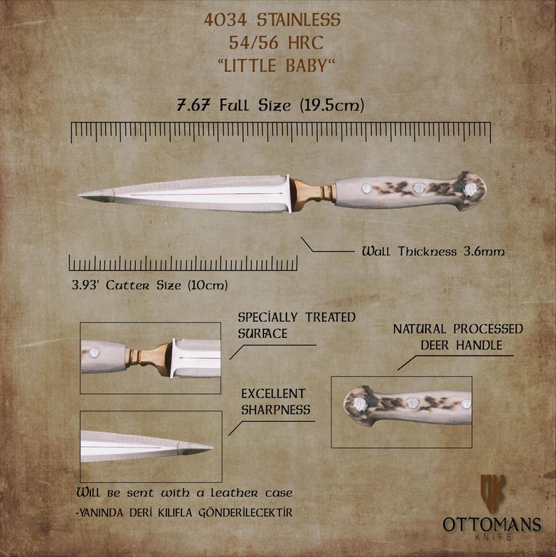 May include: A 7.67-inch (19.5 cm) stainless steel knife with a natural deer handle. The blade is 3.93 inches (10 cm) long and has a wall thickness of 3.6 mm. The knife has a 54/56 HRC rating and is labelled "Little Baby". The knife is described as having an excellent sharpness and a specially treated surface. The knife will be sent with a leather case.
