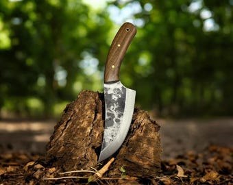 Hand Forged Bushcraft Knife: Walnut Handle, Leather Sheath, Carbon Steel