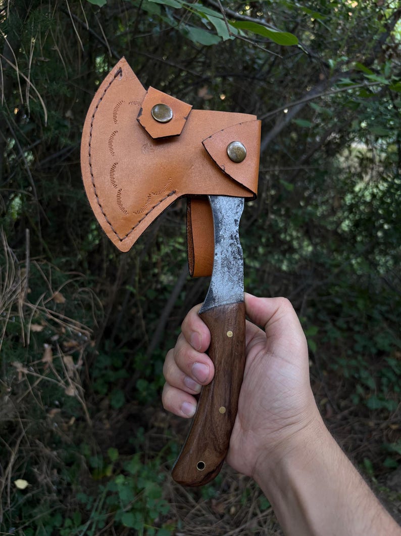 Hand Forged Carbon Steel Camping Axe: Walnut Handle Bushcraft Hatchet ...
