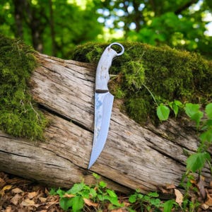 Puede incluir: Un cuchillo plateado con mango de madera y un anillo en la parte superior del mango. El cuchillo está sobre un tronco cubierto de musgo.