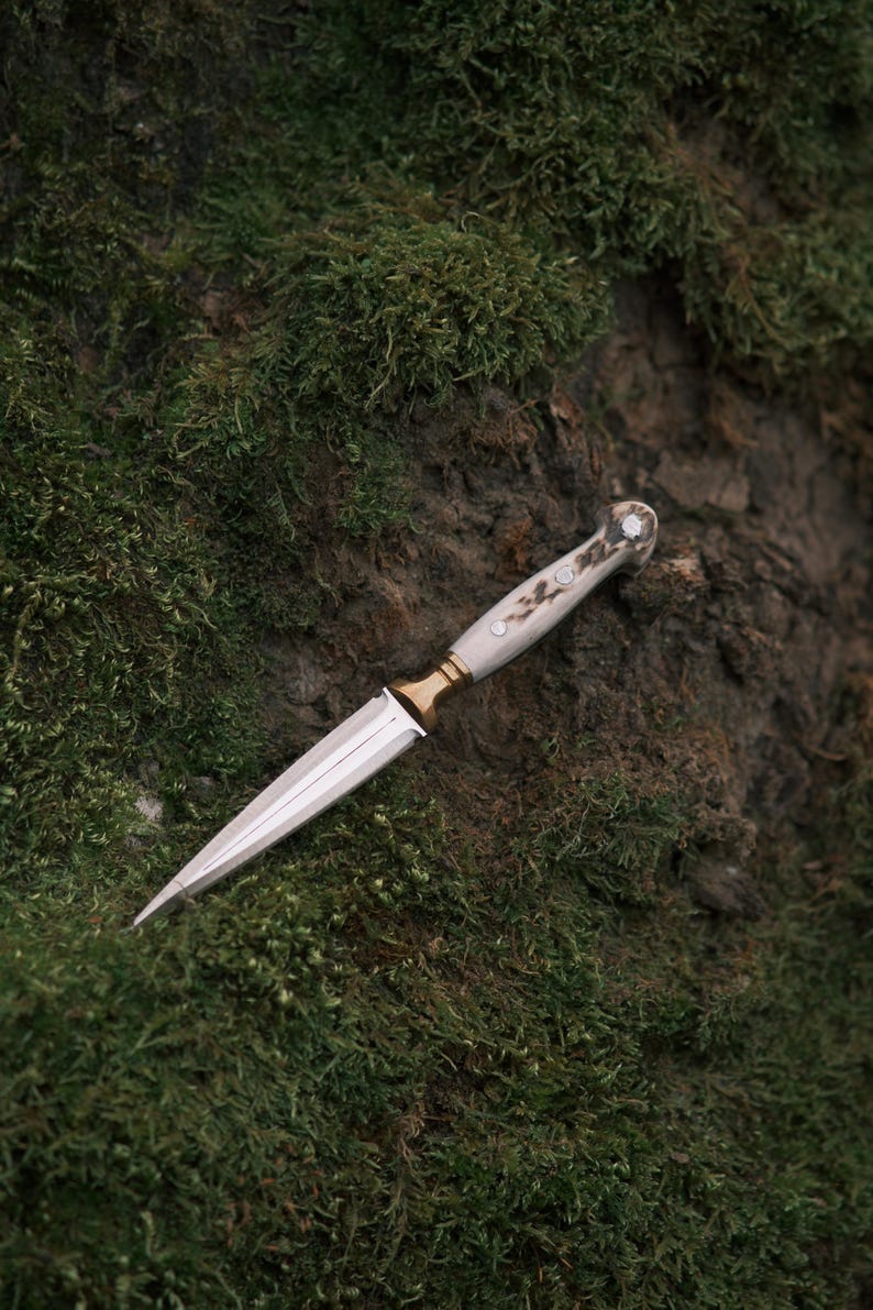 May include: A silver dagger with a white antler handle and gold accents. The dagger is lying on a bed of green moss.