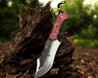 Handgeschmiedetes Bowie-Messer aus Kohlenstoffstahl: Kunstharz-Griff, Bushcraft-Klinge mit Scheide