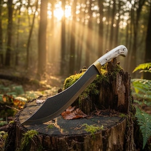 May include: A curved blade knife with a white and gold handle rests on a moss-covered tree stump. The blade is dark with a textured finish. The background features a sunlit forest with tall trees.