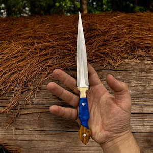 May include: A silver dagger with a blue and brown handle. The handle has a gold accent and a white dot.