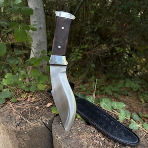 Full Tang Mini Kukri Knife with Leather Sheath, Traditional Bushcraft Knife and Walnut Handle,Luxury Camping Knife, Personalization Gift Him