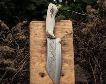 Engraved Eagle Hunting Knife: Deer Antler Handle, German Steel Bushcraft