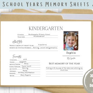 May include: A memory sheet for kindergarten, featuring a child's photo and personal details. The sheet includes sections for school, teacher, favorites, and best memory. The text "School Years Memory Sheets" and "Australian Version" are visible.