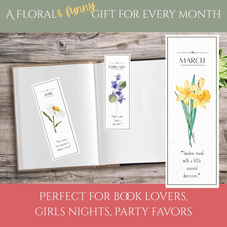 Funny Birth Flower Bookmarks Printable Set-12 Sassy Floral Bookmarks/a4 ...