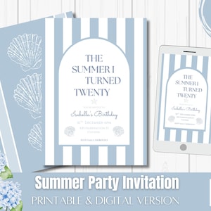 Einladung zur Sommer-Geburtstagsfeier | Sommer-Geburtstags-Einladungs-Vorlage | Küsten Hamptons Style | Turning 20 Einladung | Klassische Strandeinladung