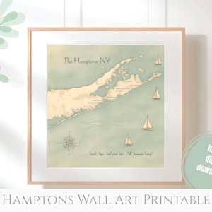 Hamptons Map Printable Wall Art – Beach House Decor, Coastal Gallery Wall, Holiday Home, Nautical Map Print, The Hamptons artwork