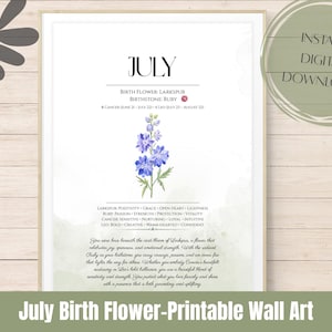以下が含まれることがあります： 7月の誕生花である青いデルフィニウムの花の水彩画イラストが描かれたフレームプリント。7月の誕生石であるルビーと、蟹座と獅子座の星座に関するテキストが含まれています。「Instant Digital Download」の文字も表示されています。
