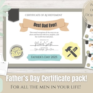 Lot de certificats pour la fête des pères | Récompenses imprimables pour papa, grand-père, beau-père, oncle, figure paternelle, parrain + pages d'activités pour enfants en prime