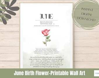 June Birth Flower Wall Art – Rose and Pearl Printable | Zodiac and Birthstone Gift | Hamptons-Style Botanical Decor | Baby Shower Gift
