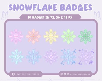 May include: A digital graphic featuring ten snowflake badges in pastel colors, including pink, orange, yellow, green, blue, and purple. The text "SNOWFLAKE BADGES" is at the top, with "10 BADGES IN 72, 36 & 18 PX" below. Social media handles are at the bottom.