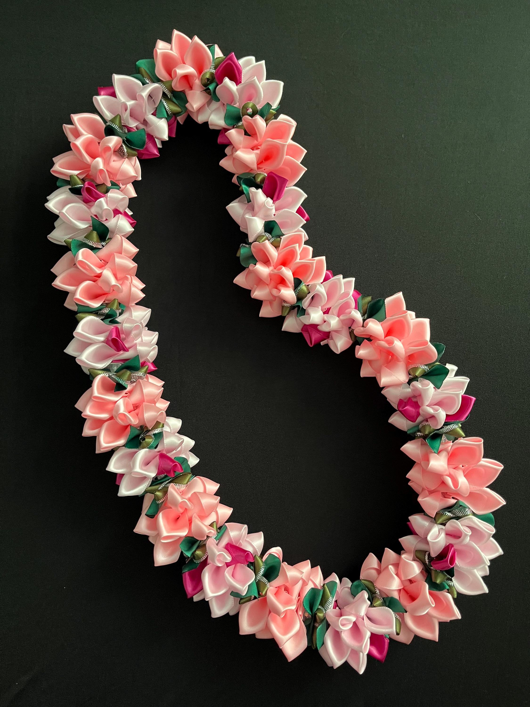 Handmade White and Pink Satin Ribbon Floral Lei Necklace A new lei in the shop going up but a classic style >>3 layer  main image 4
