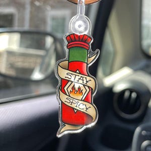 Stay Spicy Mini Acrylic Keychain, Hot Sauce Bottle, Car Keys, Gift Idea, Tattoo Style Keychain
