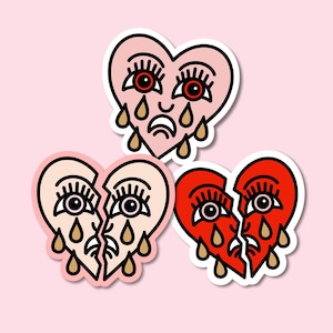 Crying Heart Sticker Pack - Set of 3 Stickers, Laptop Sticker, Water Bottle Sticker, Tattoo Style Sticker