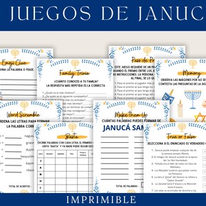 Puede incluir: Ocho tarjetas de juego de Janucá imprimibles con bordes azules y amarillos. Los juegos incluyen Emoji Clue, Family Trivia, Pasar el Premio, Memoria, Word Scramble, Basta, Make Them Up y Verdadero o Falso.