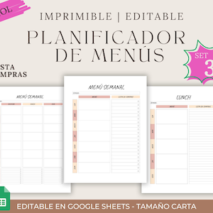 Menu Planner, Meal Organizer. Shopping List, Lunch, Breakfast, Lunch and Dinner Planner. Printable, Editable.