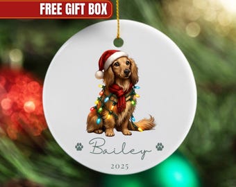 May include: A white ceramic Christmas ornament featuring a dachshund wearing a Santa hat, a red scarf, and a string of colorful lights. The dog's name, "Bailey", and the year "2025" are written on the ornament.