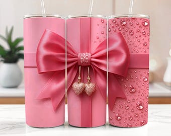 Vaso delgado Bling Glam Diamond Pink de 20 oz con diseño digital para sublimación: Lazo brillante envuelto en PNG de lujo (descarga instantánea, solo digital).
