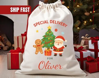 May include: A white Christmas gift bag with a drawstring closure. The bag features a colorful illustration of a Christmas tree, Santa Claus, and a gingerbread man. The words "Special Delivery For Oliver" are printed on the bag.