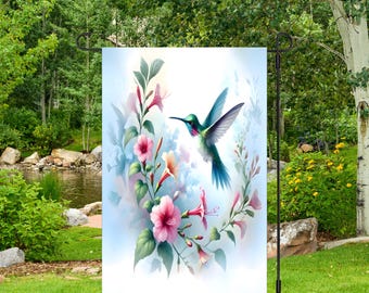 Kolibriblommig trädgårdsflagga PNG, digital design för trädgårdsflagga för sublimering: Digital nedladdning 12"x18", utskrivbar trädgårdsbanderolldekoration