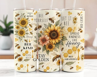 BEE, Girasol, Afirmación Positiva Vaso Delgado de 20 oz Diseño Digital para Sublimación: Envoltura Inspiradora, PNG Descarga Instantánea, Digital