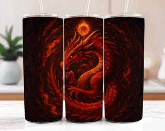 Dragon  20 oz Skinny Tumbler Digital Design for Sublimation: Red Mystical Dragon Wrap in PNG  (Instant Download, Digital Only)