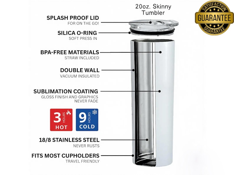 May include: A 20oz. skinny tumbler with a splash-proof lid, silica O-ring, and double-wall vacuum insulation. Features BPA-free materials, sublimation coating, and 18/8 stainless steel. Keeps drinks hot for 3 hours and cold for 9 hours. Fits most cup holders.