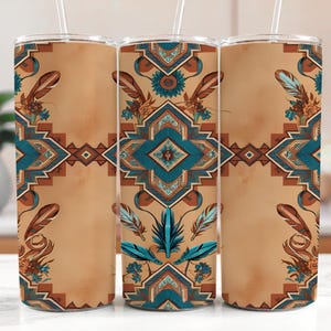 May include: Three stainless steel tumblers with a geometric pattern in shades of brown, blue, and teal. The pattern features stylized feathers and geometric shapes.