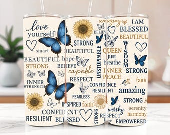 Vaso delgado de 20 oz con afirmaciones positivas, diseño digital para sublimación: envoltura con frases inspiradoras y mentalidad positiva en formato PNG, descarga digital instantánea.