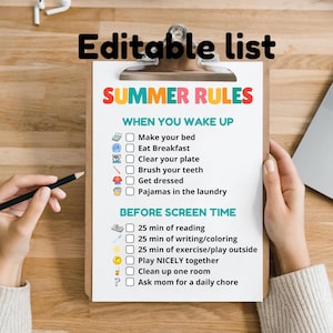 Summer Chore Chart | editable | Printable Chore Chart for Kids | Summer Checklist | routine | rules | screen time allowance | Summer Rules