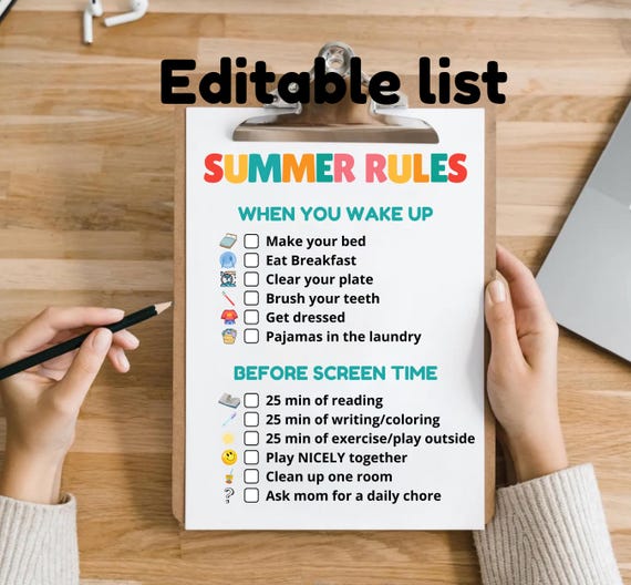 Summer Chore Chart | editable | Printable Chore Chart for Kids | Summer Checklist | routine | rules | screen time allowance | Summer Rules