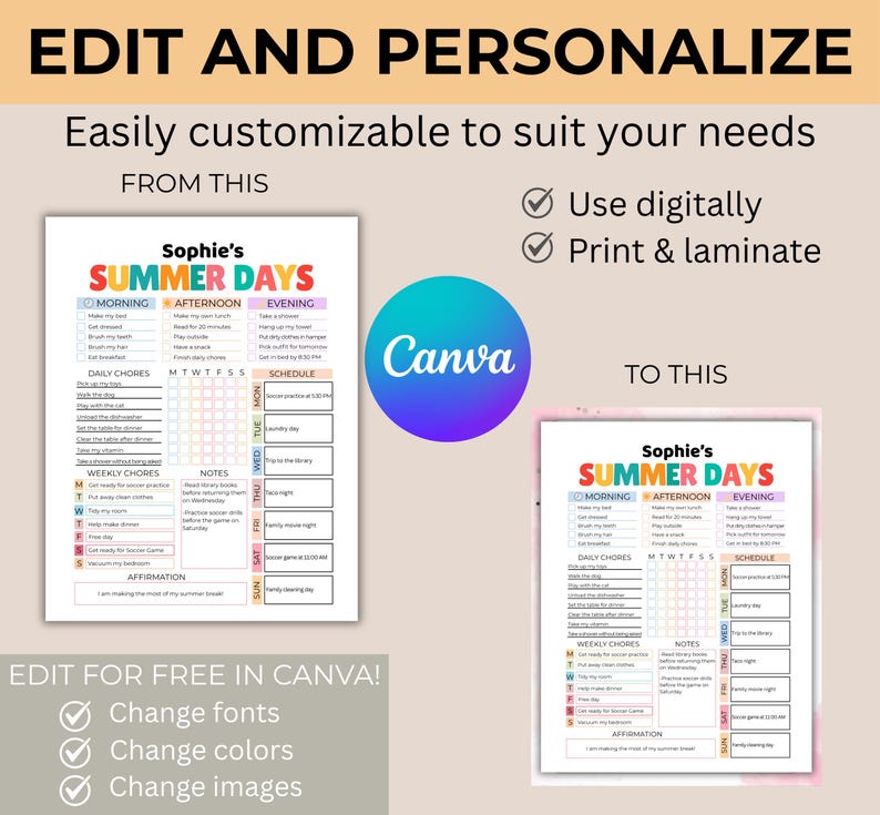 May include: A customizable summer days planner with the text "Sophie's SUMMER DAYS". The planner includes sections for morning, afternoon, and evening activities, daily and weekly chores, notes, and a schedule. The Canva logo is also visible.