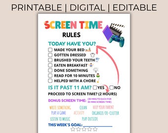 Screen Time Chart Template | Kids Screen Time Checklist | Screen Time Rules for Kids | Screen Time Rules Template | Daily Screen | editable