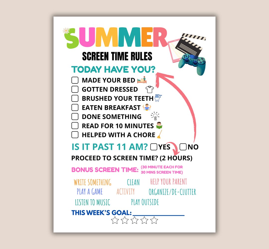 Summer Screen Time Rules Printable | Children Summer Routine | Kids ...