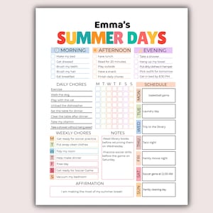 May include: A colorful summer planner titled "Emma's SUMMER DAYS" with sections for morning, afternoon, and evening activities. Includes daily and weekly chores, a schedule, and notes. The planner is designed to help organize summer activities.