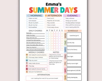 Summer Planner Kids Summer Printable Summer | Children Summer Routine | Kids Summer Schedule Printable | Summer Planner for Kids | editable